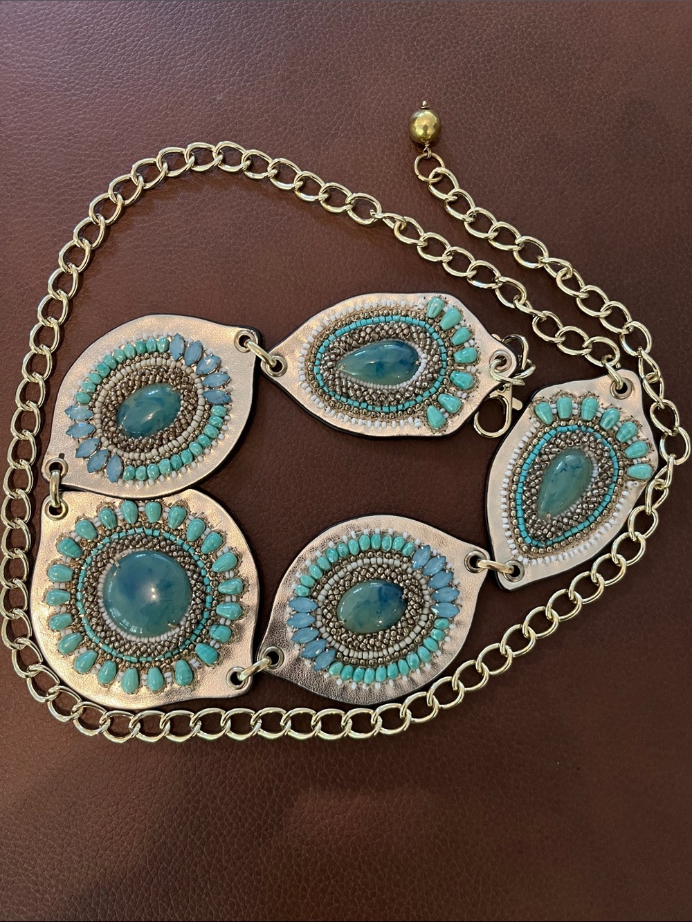 Chico’s Women’s M Turquoise Faux Stone Medallion Belt Silver Tone Chain Boho